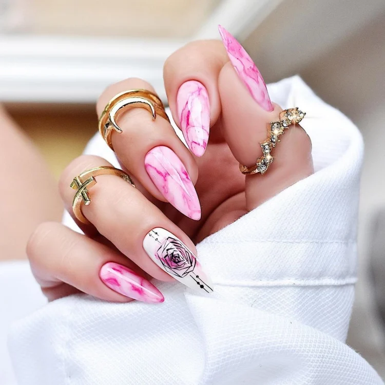 modern spring manicure idea long pink marble nails