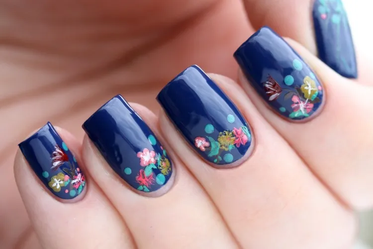 nail art floral designs blue nail polish