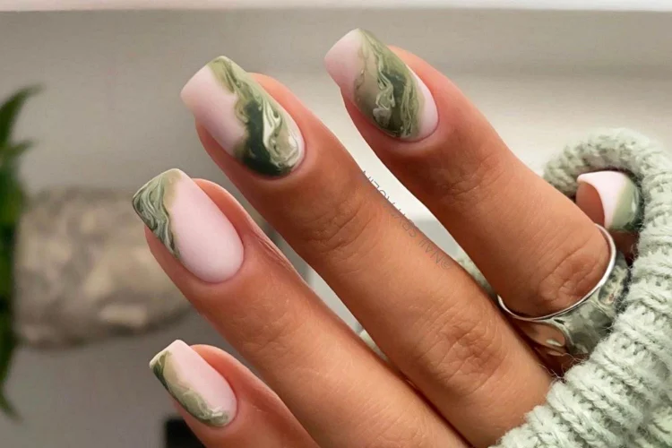 nude and olive marble nails gorgeous design 2023 spring