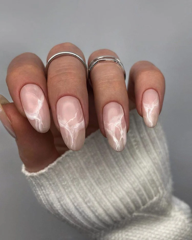 nude marble nails almond shaped