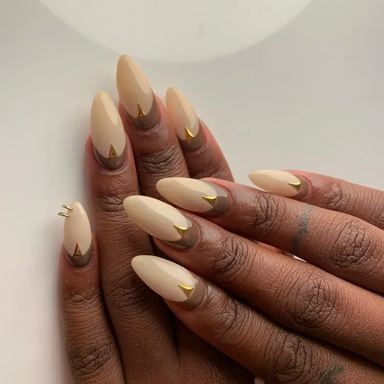 nude nails reverse french long almond shape dark skin