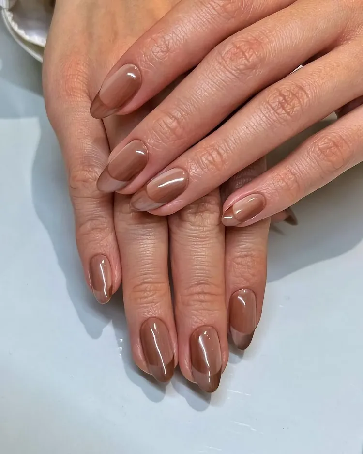 nude shades short almond shape illusion french nails