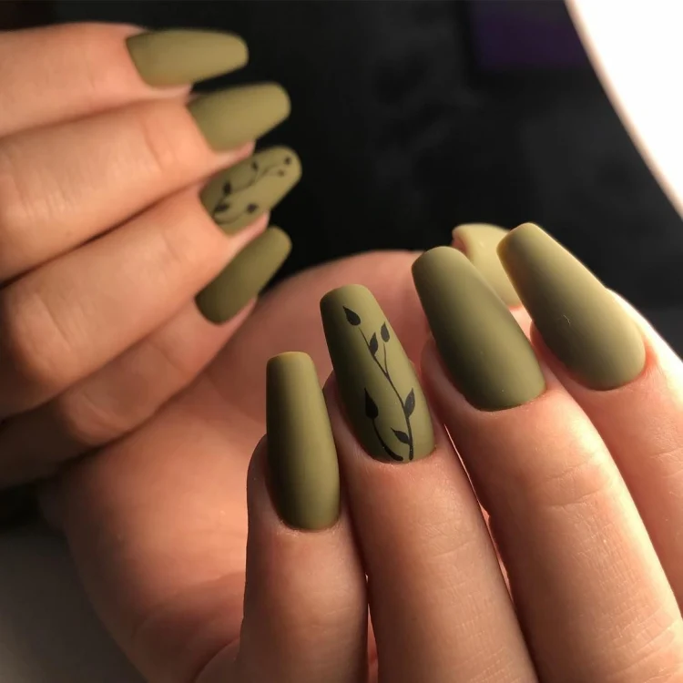 olive green matte long square nails