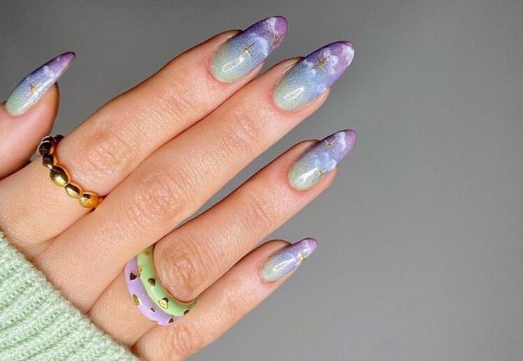 ombre nails 2023 spring manicure trends purple blue with clouds