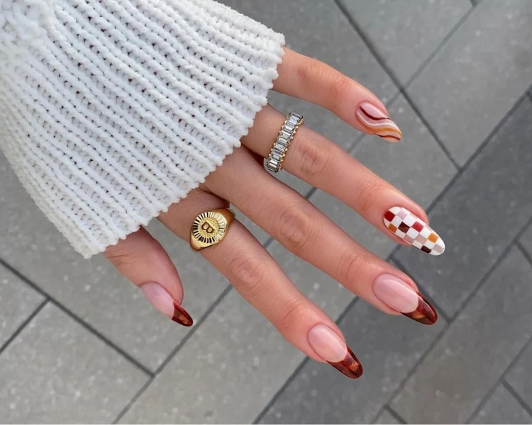 patterned brown orange red shades cute manicure idea
