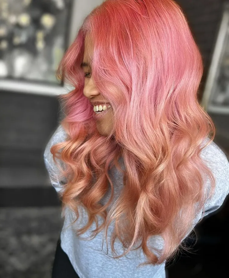 pink ombré balayage on long asian hair peach highlights