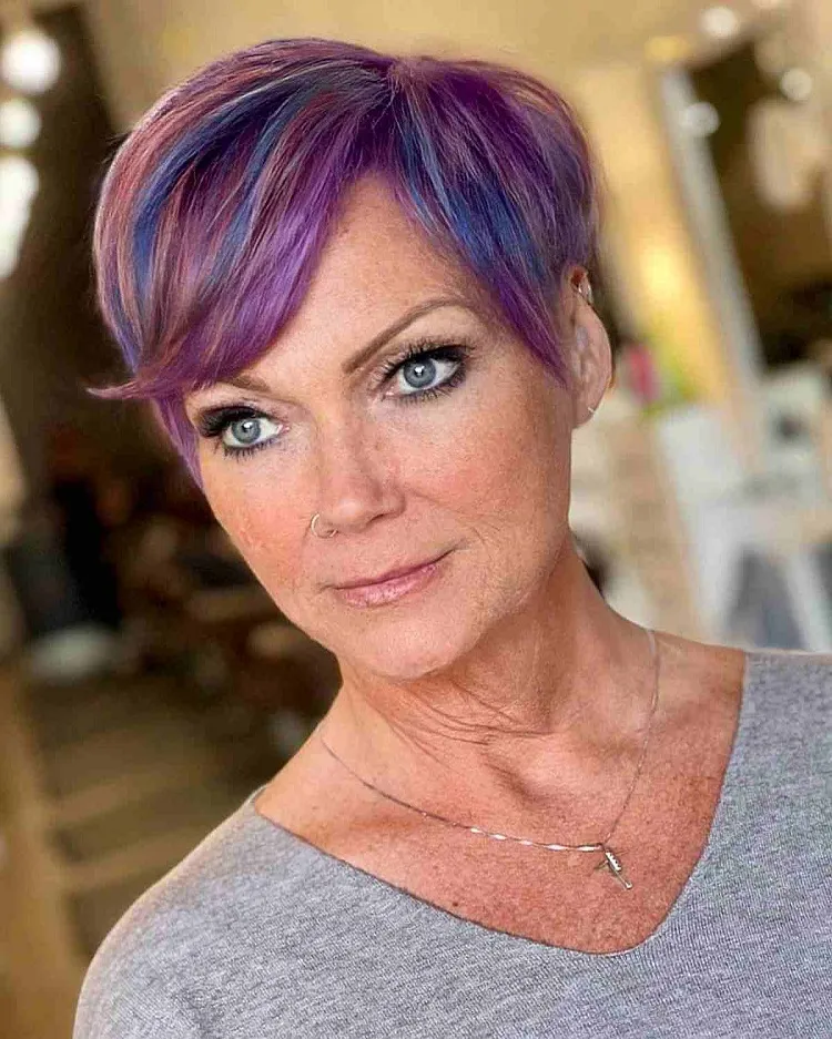 pixie cut rainbow unicorn hair purple edgy hairstyle over 50