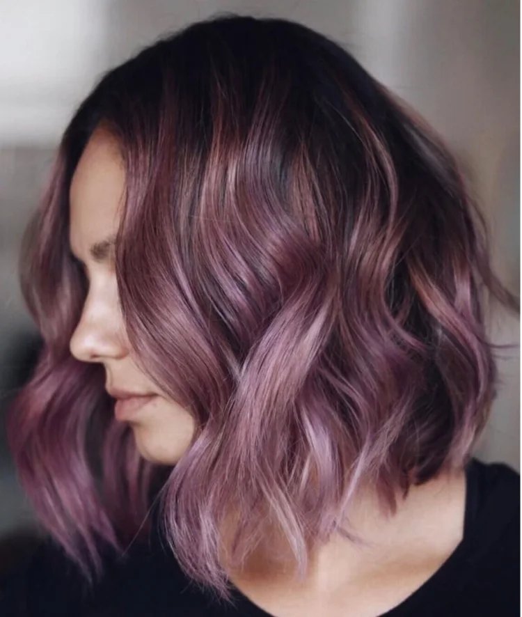 purple balayage long bob wavy hair