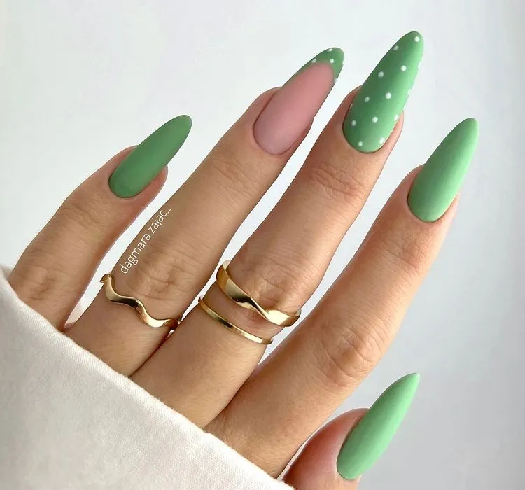 sage green nails with decoration for st patrick day