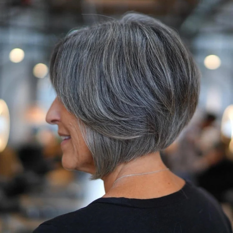 short a line bob cut gray hair