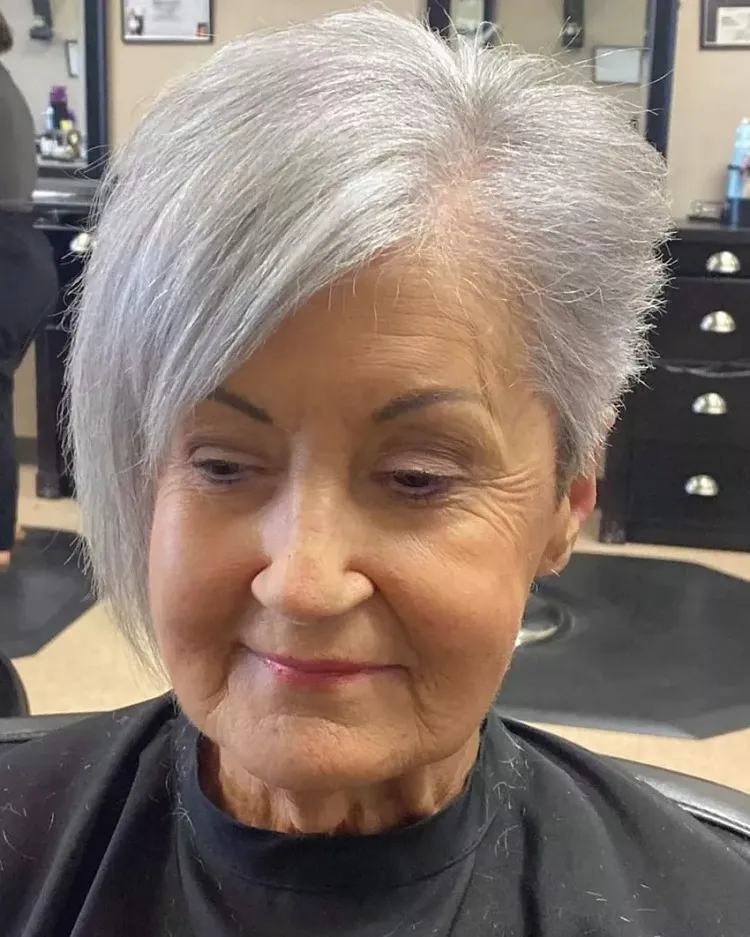 side swept bangs haircut for gray hair women trends ideas 2023