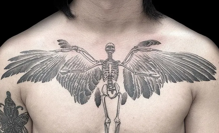 skeleton fallen angel chest tattoo ideas symbolism