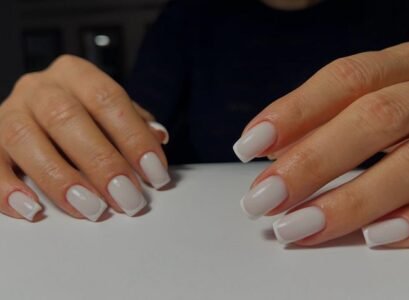 sqaure milky white french nails minimalistic design