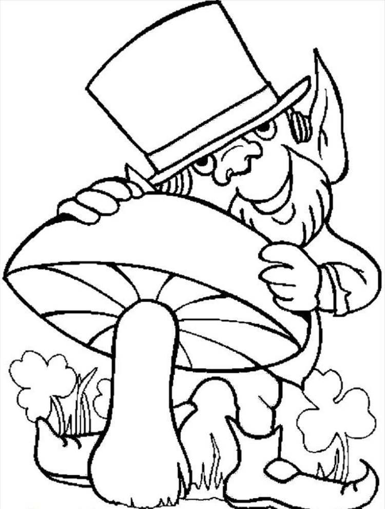 St. Patrick's Day coloring pages for kids with mushroom shamrocks and leprechaun