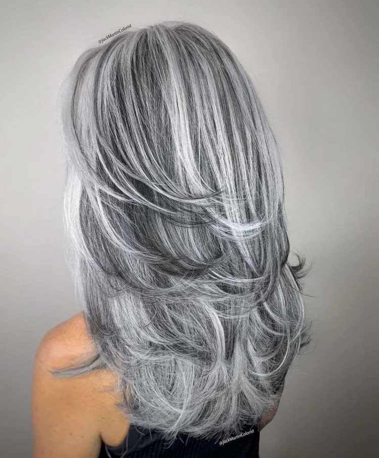 trendy feathered cut gray hair