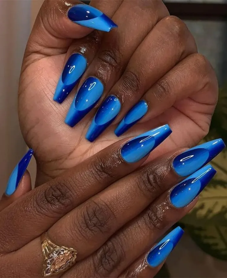 vibrant blue long coffin shape optical illusion french nails