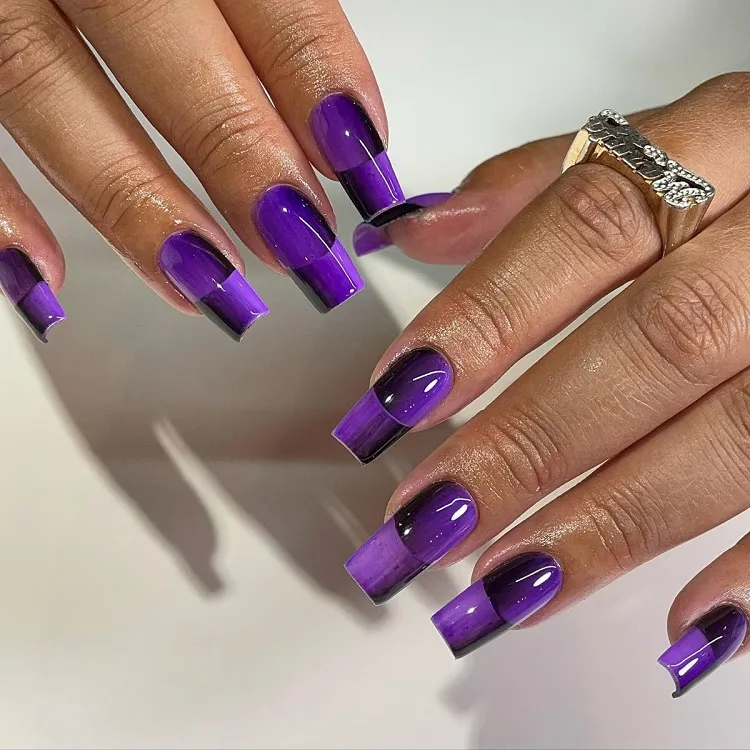vibrant purple long square optical illusion french nails design