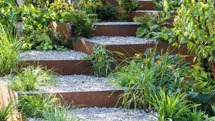 wood and gravel garden stairs hillside landcsaping ideas on a budget