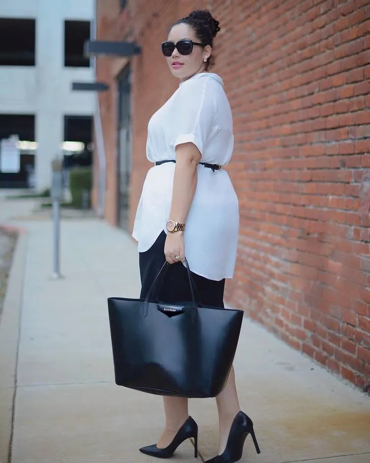 casual chic ideas for plus size ladies black pencil skirt and white shirt