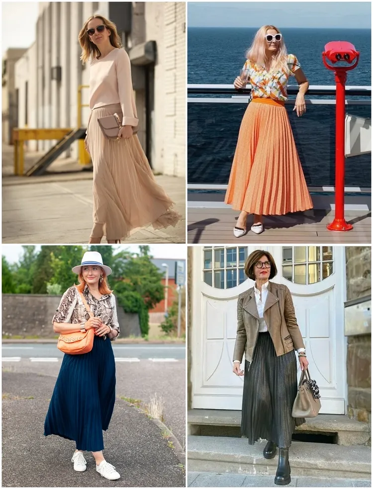 stylish outfits with pleated maxi skirt for women over 50