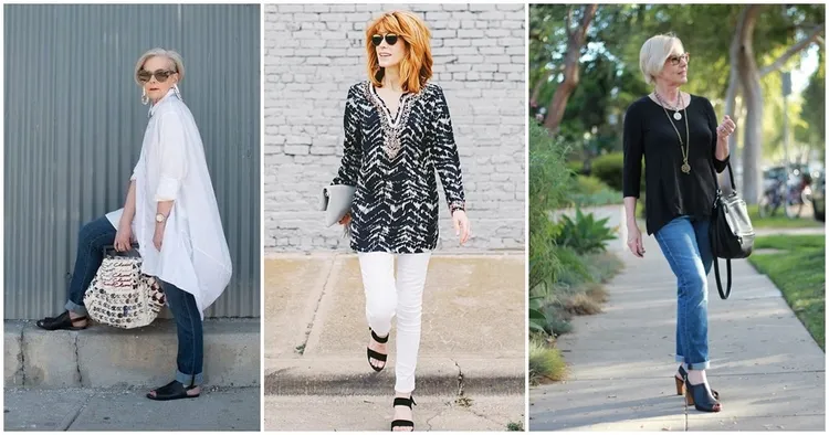 trajes de verano casuales de moda para mujeres mayores de 60 combinan una túnica con jeans