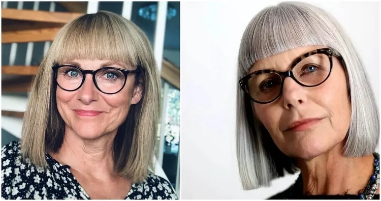 long blunt bob with blunt straight bangs for older women