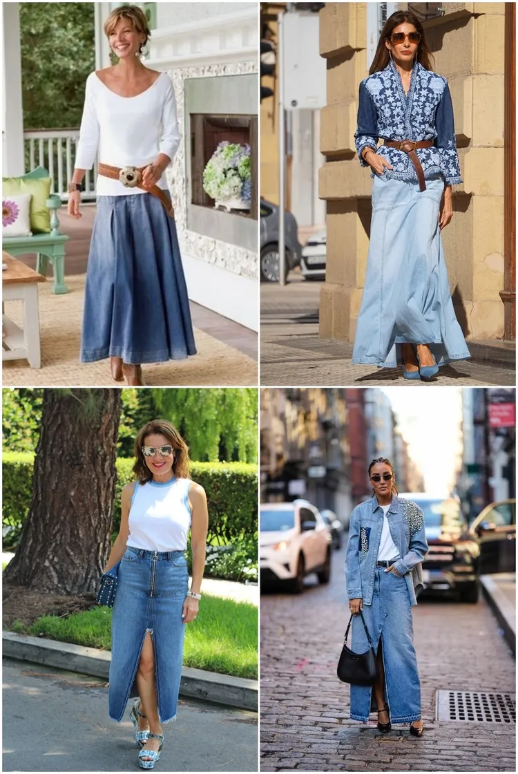 trendy outfits for women over 50 with long denim skirts