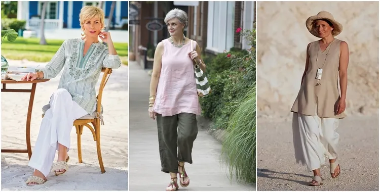 trendy wide leg pants and tunic outfits for women over 60