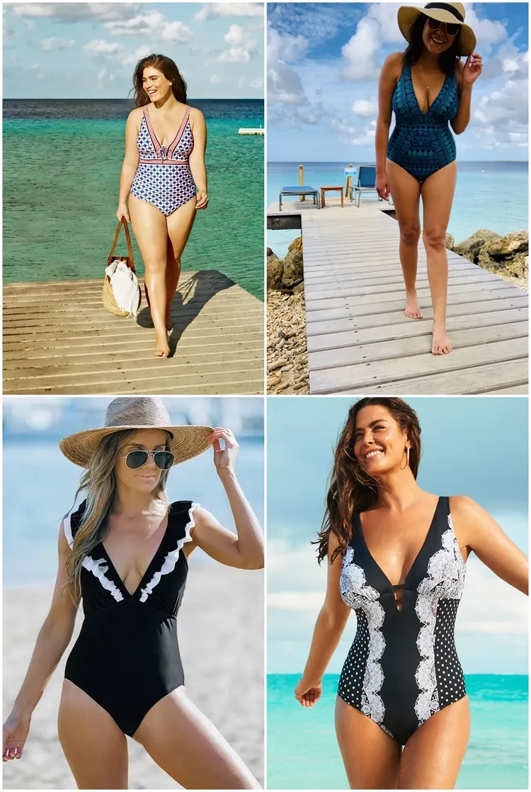 v neck one piece swimsuits are visually flattering for pear shaped body