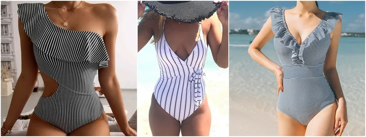 vertical stripes are the perfect swimsuit pattern for large thighs