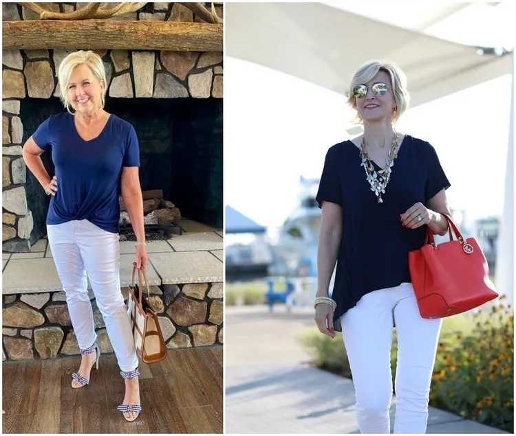 white jeans and navy blue top summer outfits for women over 50