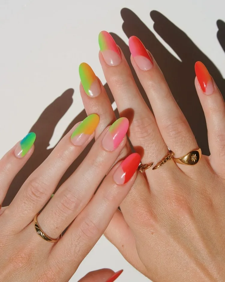 abstract rainbow neon ombre french tip long oval nails