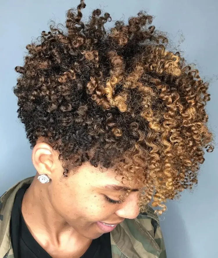 afro hair pixie cut with balayage