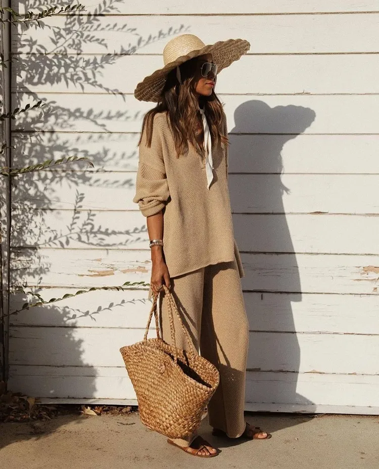 all brown natural organic materials clothing straw hat rattan bag old money beach outfit