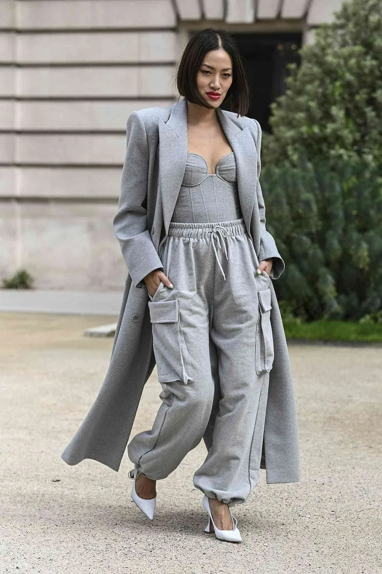 all gray textile corset joggers monochromatic outfit ideas