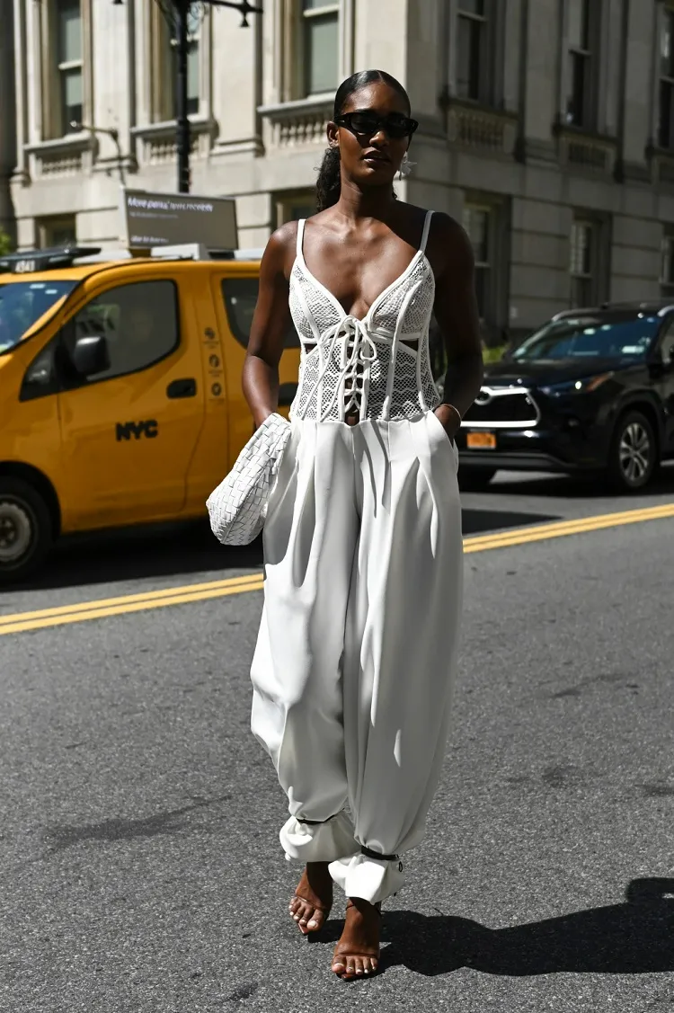 all white outfit knitted corset top street style ideas