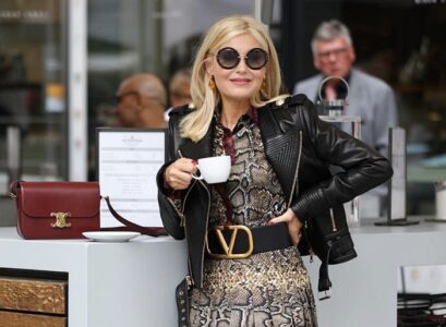 animal print long loose dress black leather jacket and boots