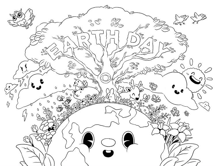 animals fruit tree plants greenery nature birds spring earth day coloring page