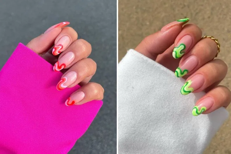 april nails 2023 swirl manicure ideas pink and green