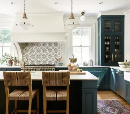 azulejo tiles backsplash dark petrol green cabinets natural materials wooden bar stool california cool kitchen design