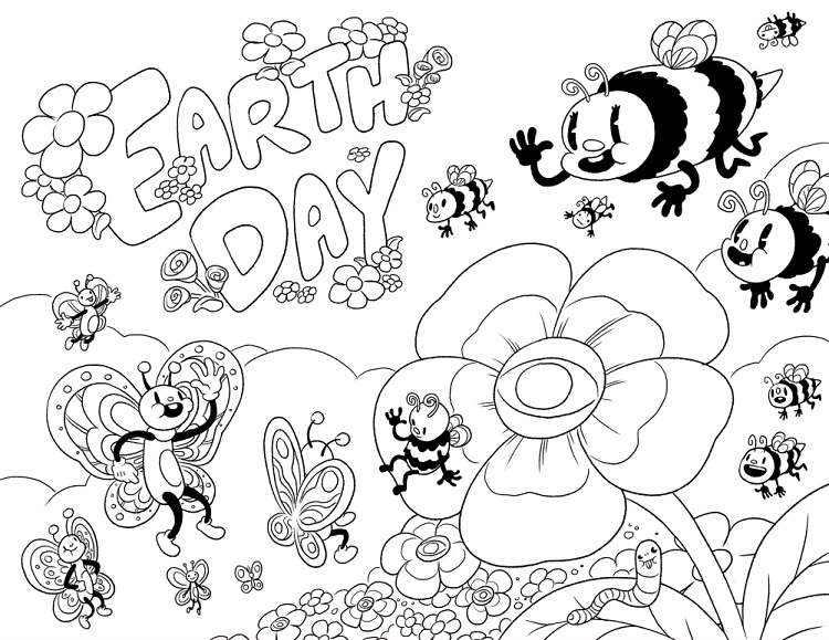 bees flowers nature earth day coloring page lettering