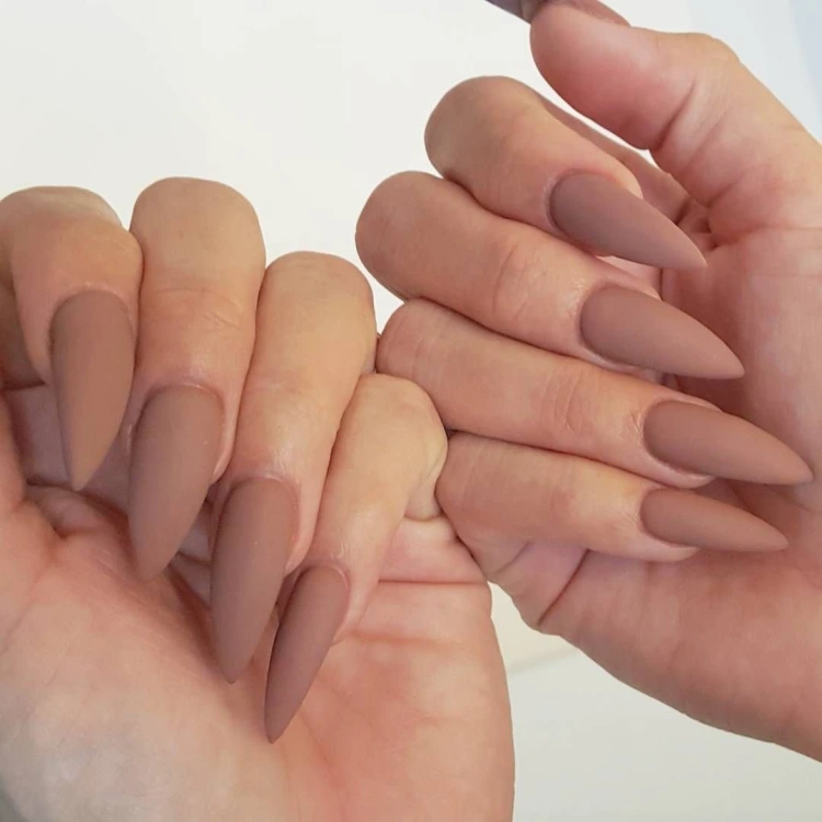 beige matte nails long stiletto nails nude color