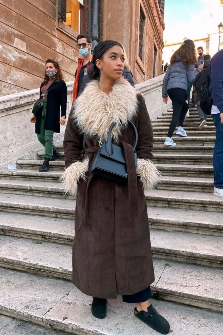big furry coat elevated street style birkenstock clogs outfit ideas inspo