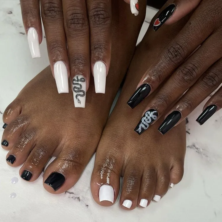 black and white manicure pedicure color coordinated design long ballerina nails snake stamp drawing