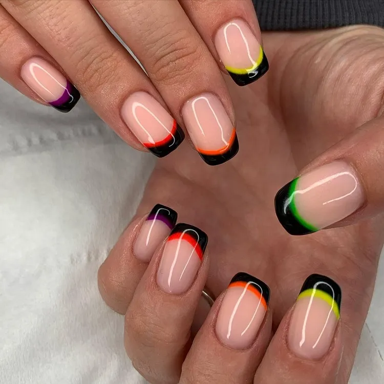 black with neon double french tips long square nails