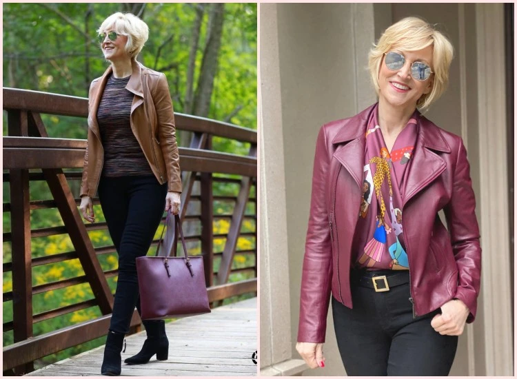 blue jeans and leather jacket idea for women over 50