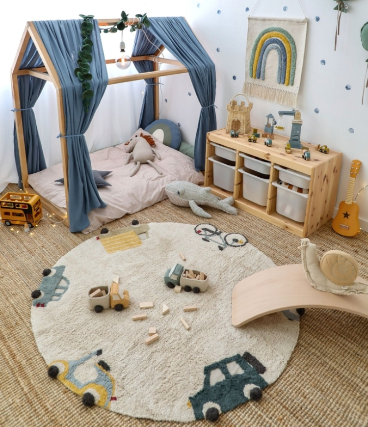 blue white brown organic design montessori bedroom for 2 year old