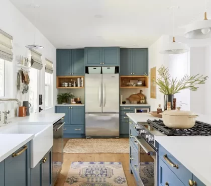 boho patterned rattan runners blue cabinets white walls california cool kitchen simple modern design
