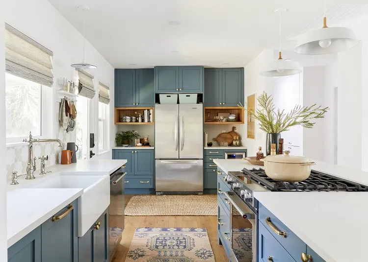 boho patterned rattan runners blue cabinets white walls california cool kitchen simple modern design