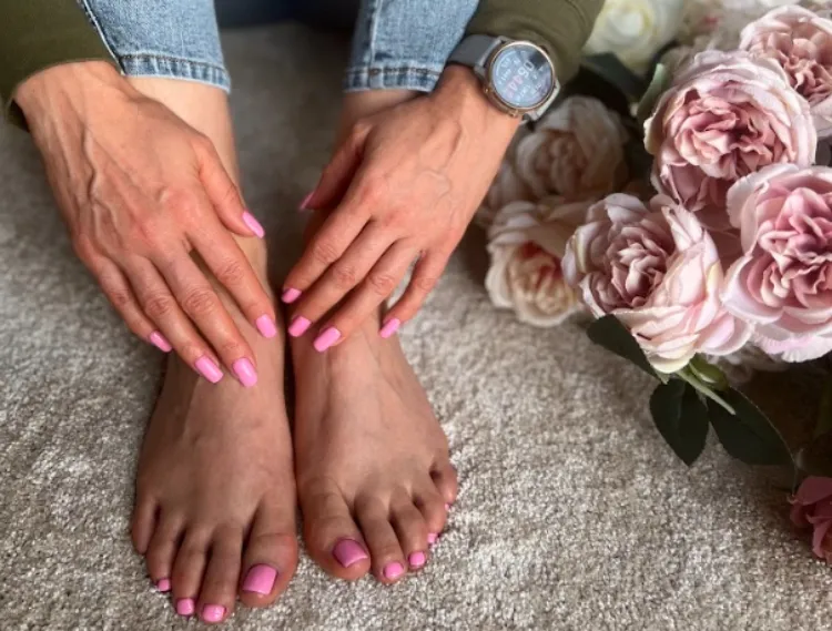 bright rose pink matching manicure and pedicure ideas long square nails